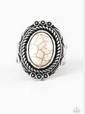 Paparazzi Cream Marbled Stone Ornate Silver-Frame Ring Tumblin Tumbleweed White
